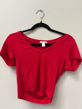 Bozzolo Red Ribbed V-Neck Short Sleeve Crop Top
